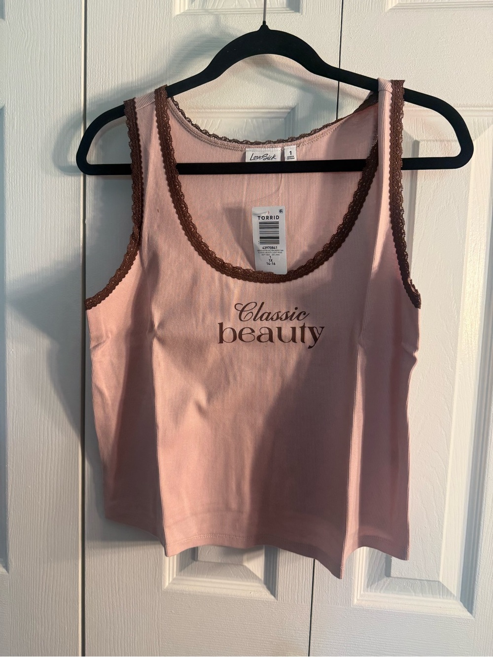 torrid Pink Tank Top with Brown Lace Trim